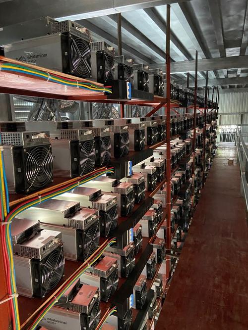 Modern mining farm with rows of processing units operating under controlled conditions